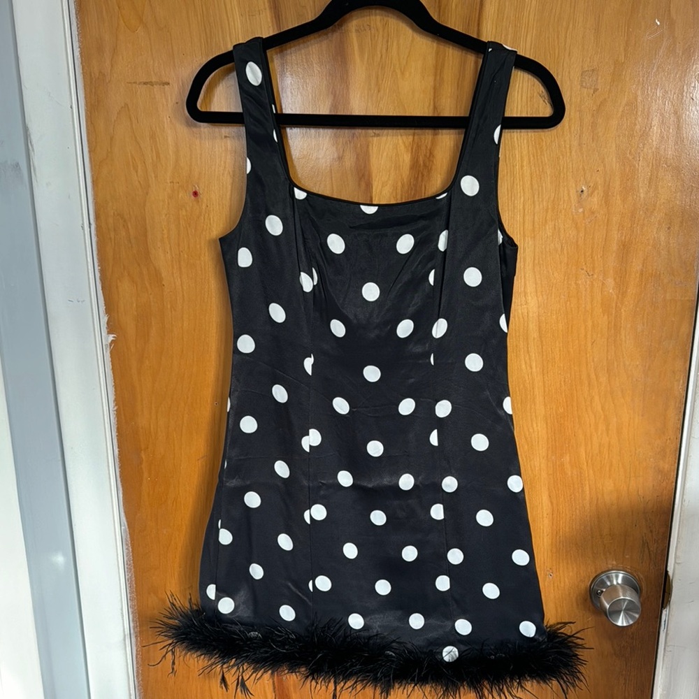 Chic Black Polka Dot Dress with Feather Trim - Picture 6 of 14